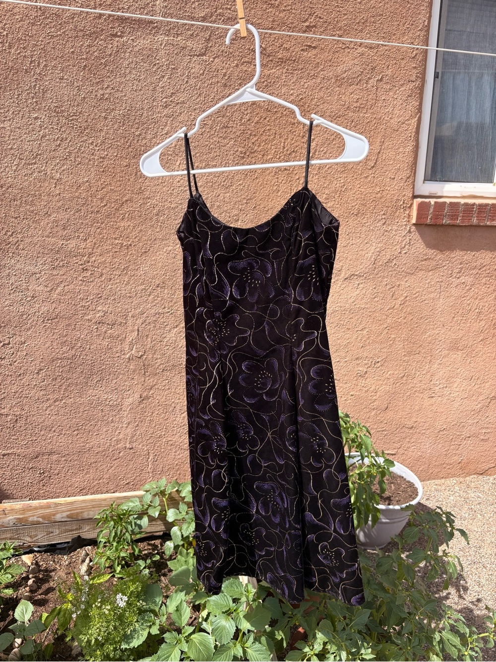 Vintage Black & Purple Floral Slip Dress with Spaghetti Straps